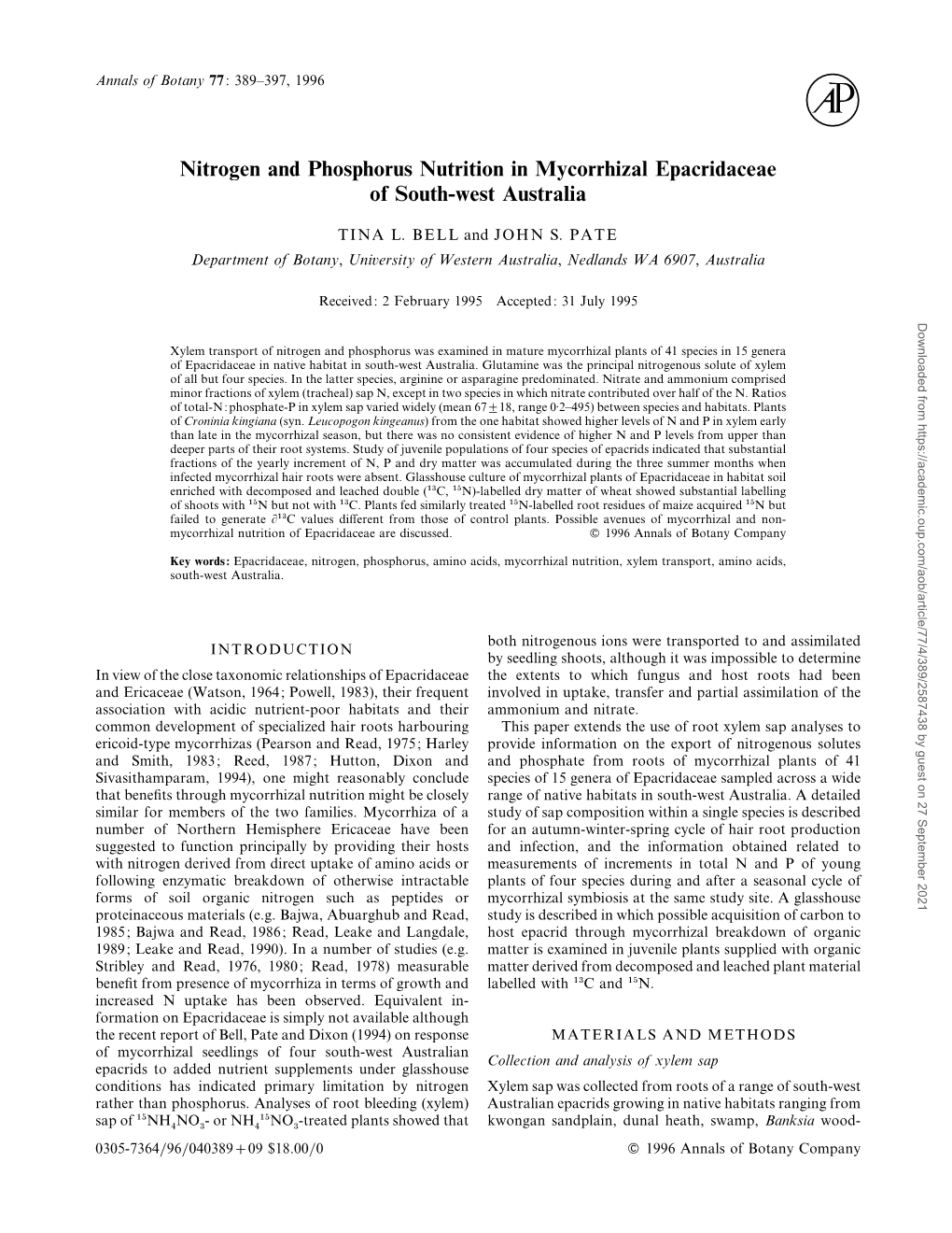 Nitrogen and Phosphorus Nutrition in Mycorrhizal Epacridaceae of South-West Australia