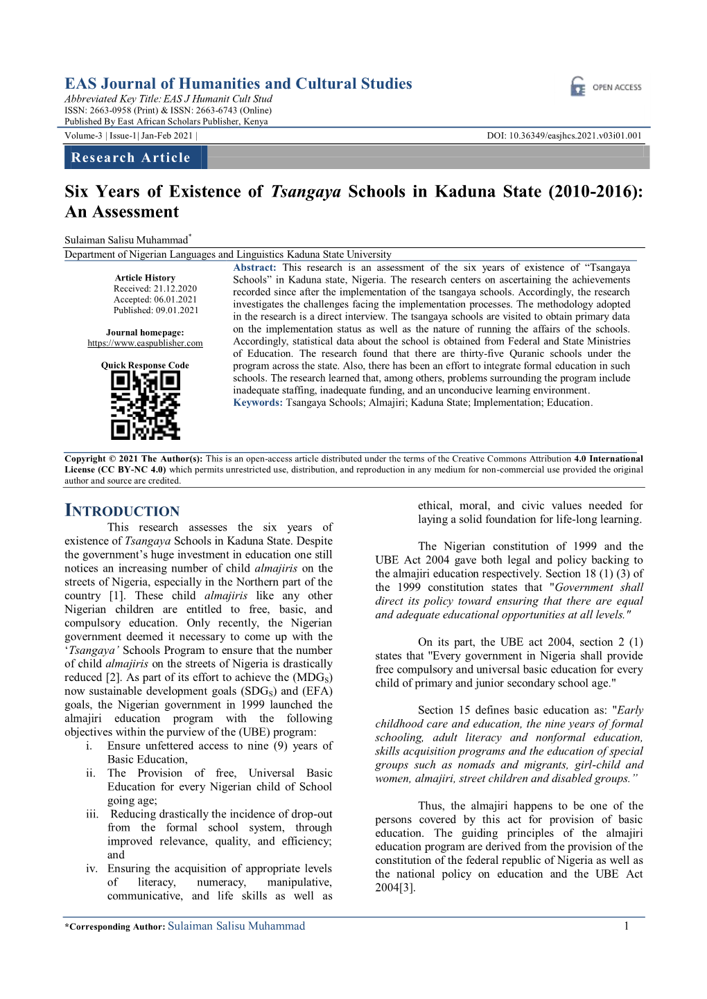 Six Years of Existence of Tsangaya Schools in Kaduna State (2010-2016): an Assessment