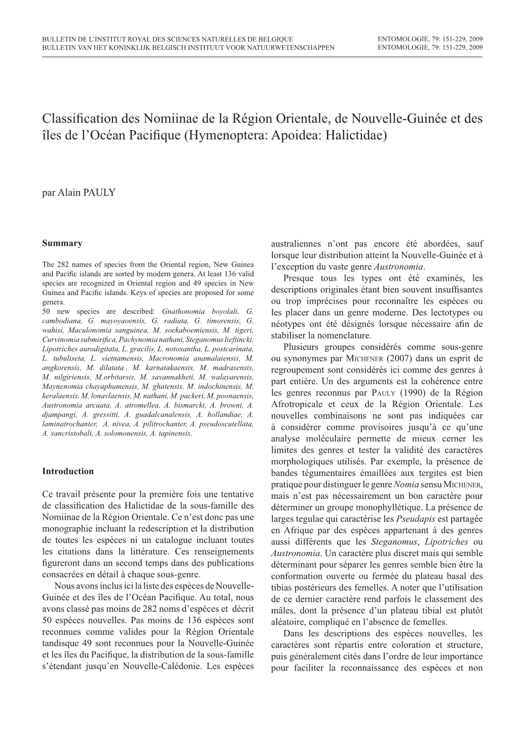 Classification Des Nomiinae De La Région Orientale, De Nouvelle-Guinée Et Des Îles De L’Océan Pacifique (Hymenoptera: Apoidea: Halictidae)