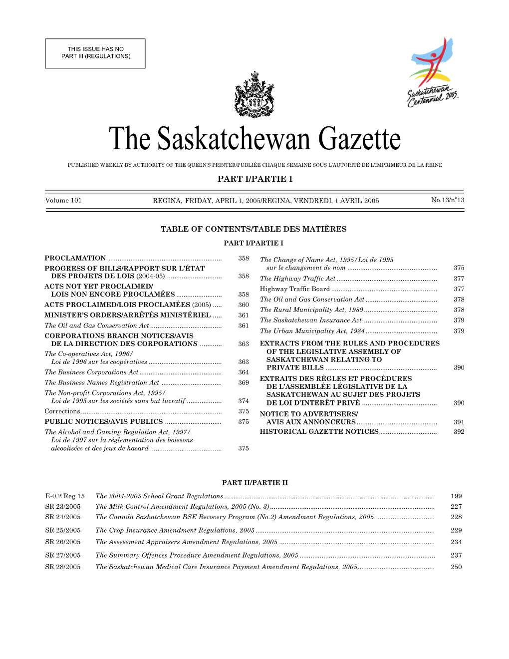 Sask Gazette, Part I, Apr 1, 2005