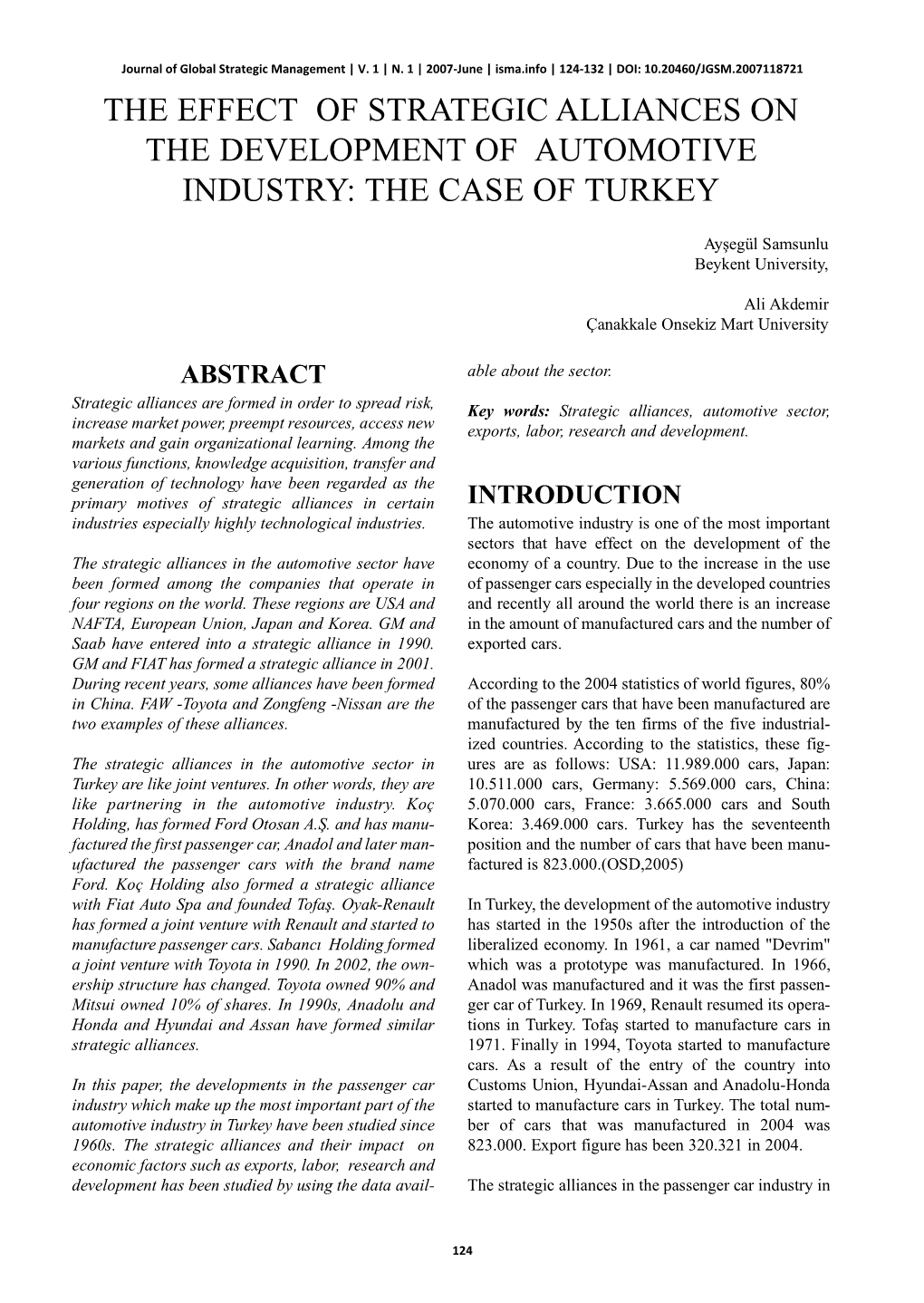 The Effect of Strategic Alliances on the Development of Automotive Industry: the Case of Turkey