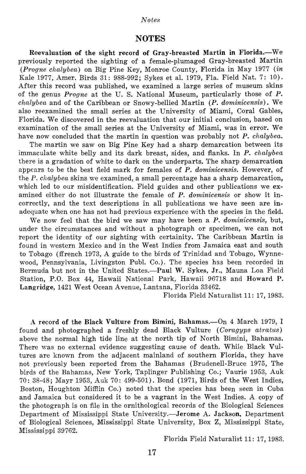 Notes Reevaluation of the Sight Record of Gray-Breasted Martin in Florida