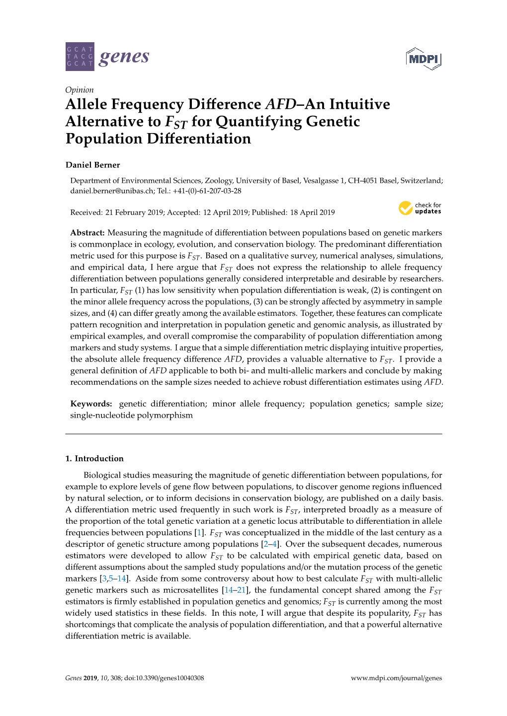 Allele Frequency Difference AFD–An Intuitive Alternative to FST for Quantifying Genetic Population Differentiation