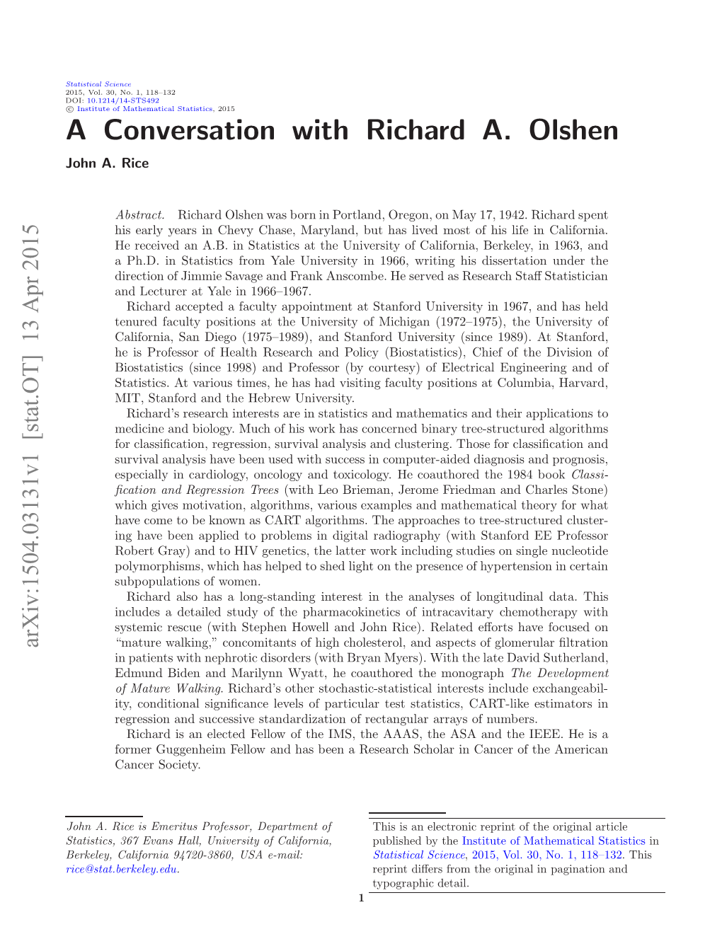 A Conversation with Richard A. Olshen 3