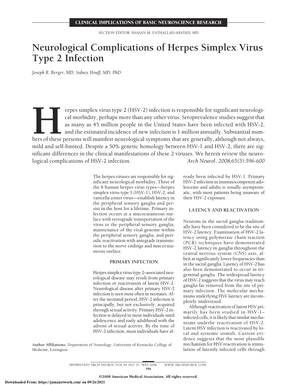 Neurological Complications of Herpes Simplex Virus Type 2 Infection