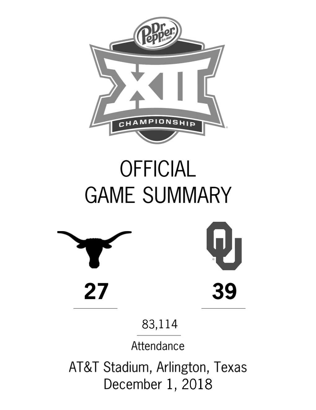 Scoring Summary (Final) 2018 TFBI Shootout #14 Texas Vs #5 Oklahoma (Dec 01, 2018 at Arlington, Texas)