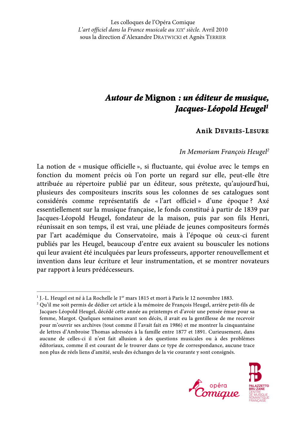 Autour De Mignon : Un Éditeur De Musique, Jacques-Léopold Heugel1