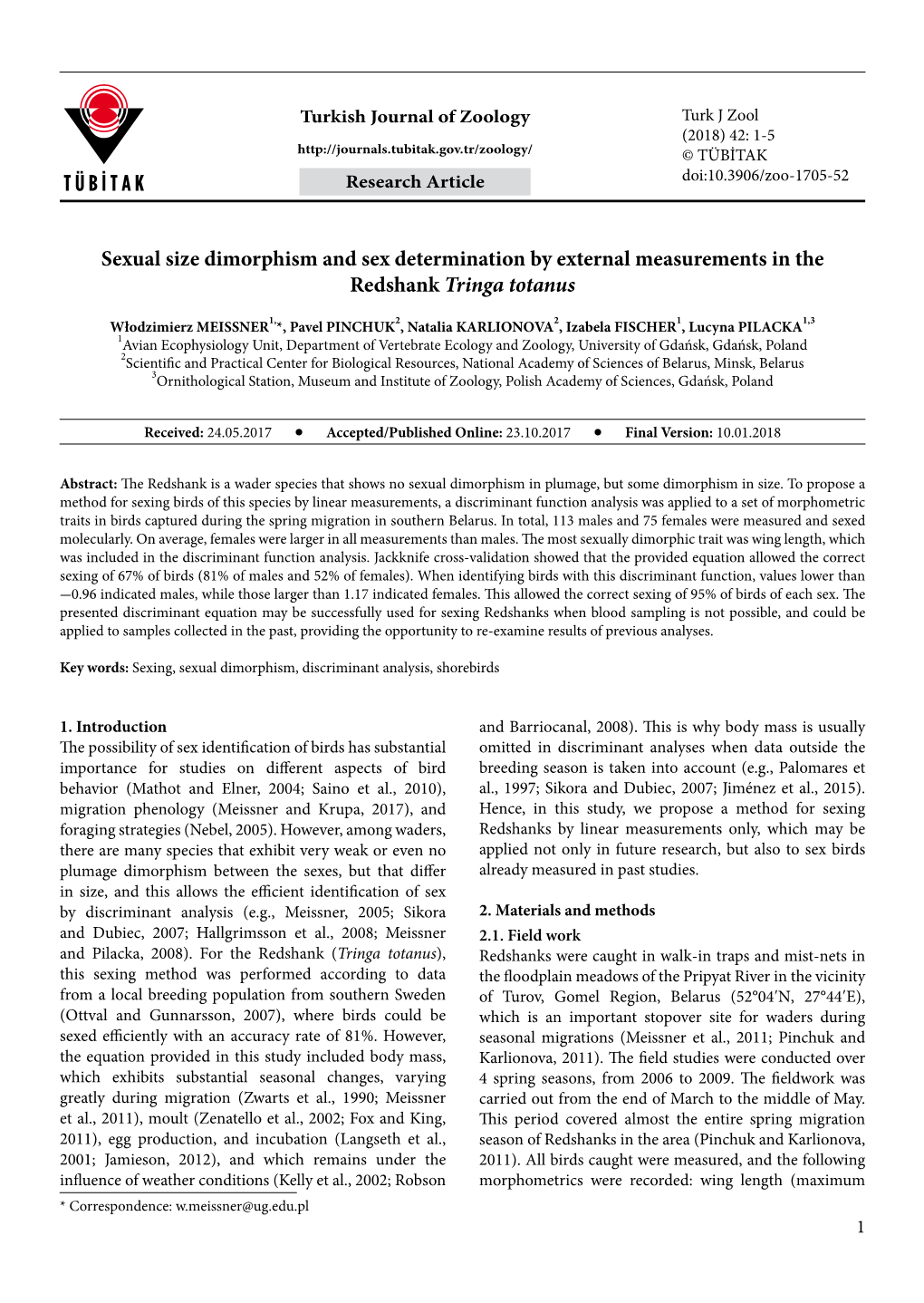 Sexual Size Dimorphism and Sex Determination by External Measurements in the Redshank Tringa Totanus