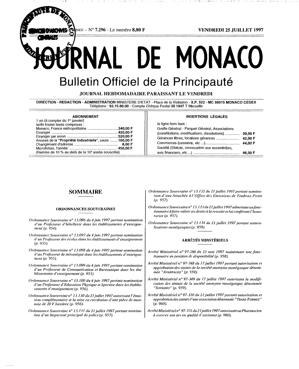 NAL DE MONACO Bulletin Officiel De La Principauté JOURNAL HEBDOMADAIRE PARAISSANT LE VENDREDI