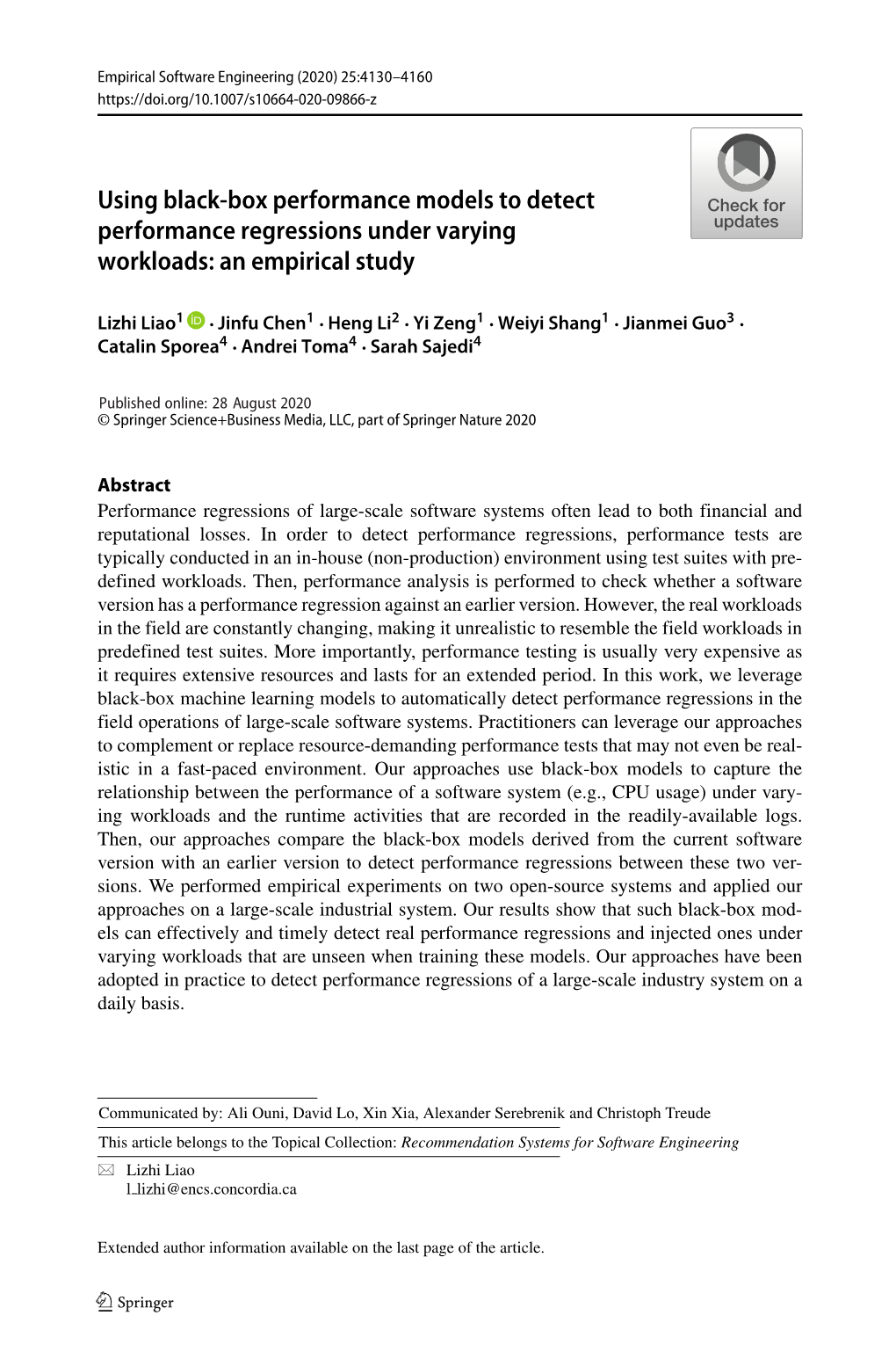 Using Black-Box Performance Models to Detect Performance Regressions Under Varying Workloads: an Empirical Study