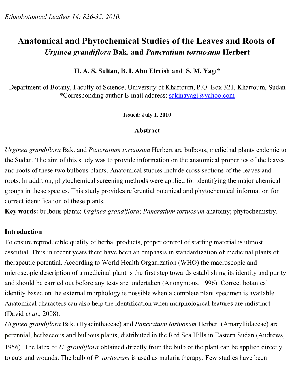 Anatomical and Phytochemical Studies of the Leaves and Roots of Urginea Grandiflora Bak