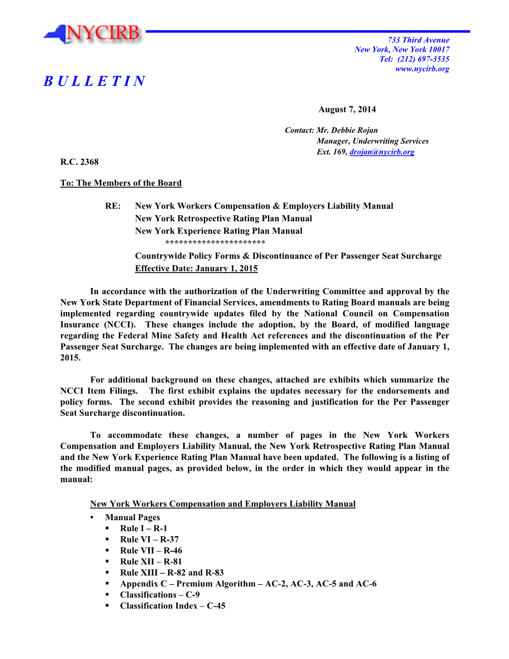 Discontinuance of Per Passenger Seat Surcharge Effective Date: January 1, 2015