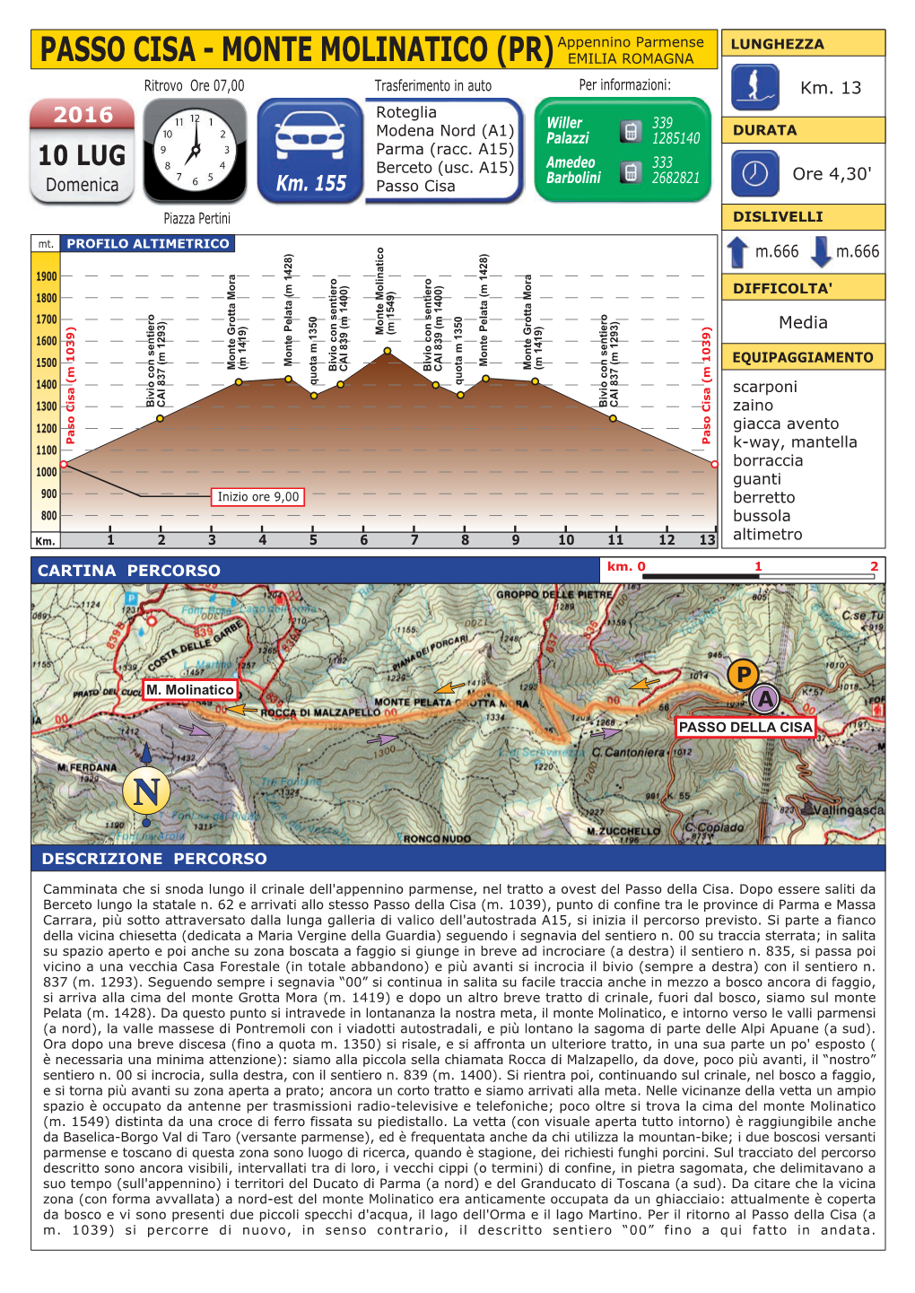 PASSO CISA - MONTE MOLINATICO (PR) EMILIA ROMAGNA Ritrovo Ore 07,00 Trasferimento in Auto Per Informazioni: Km