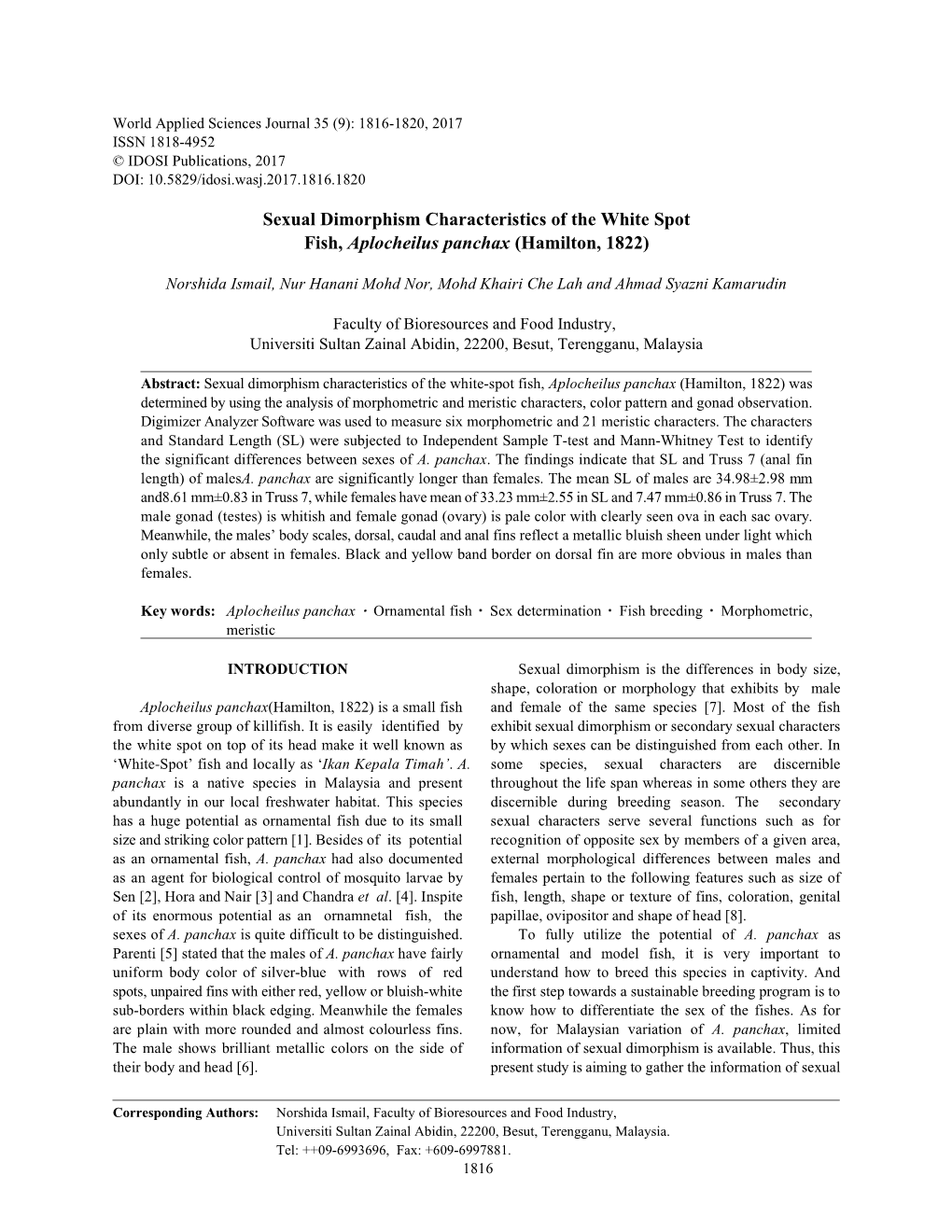 Sexual Dimorphism Characteristics of the White Spot Fish, Aplocheilus Panchax (Hamilton, 1822)