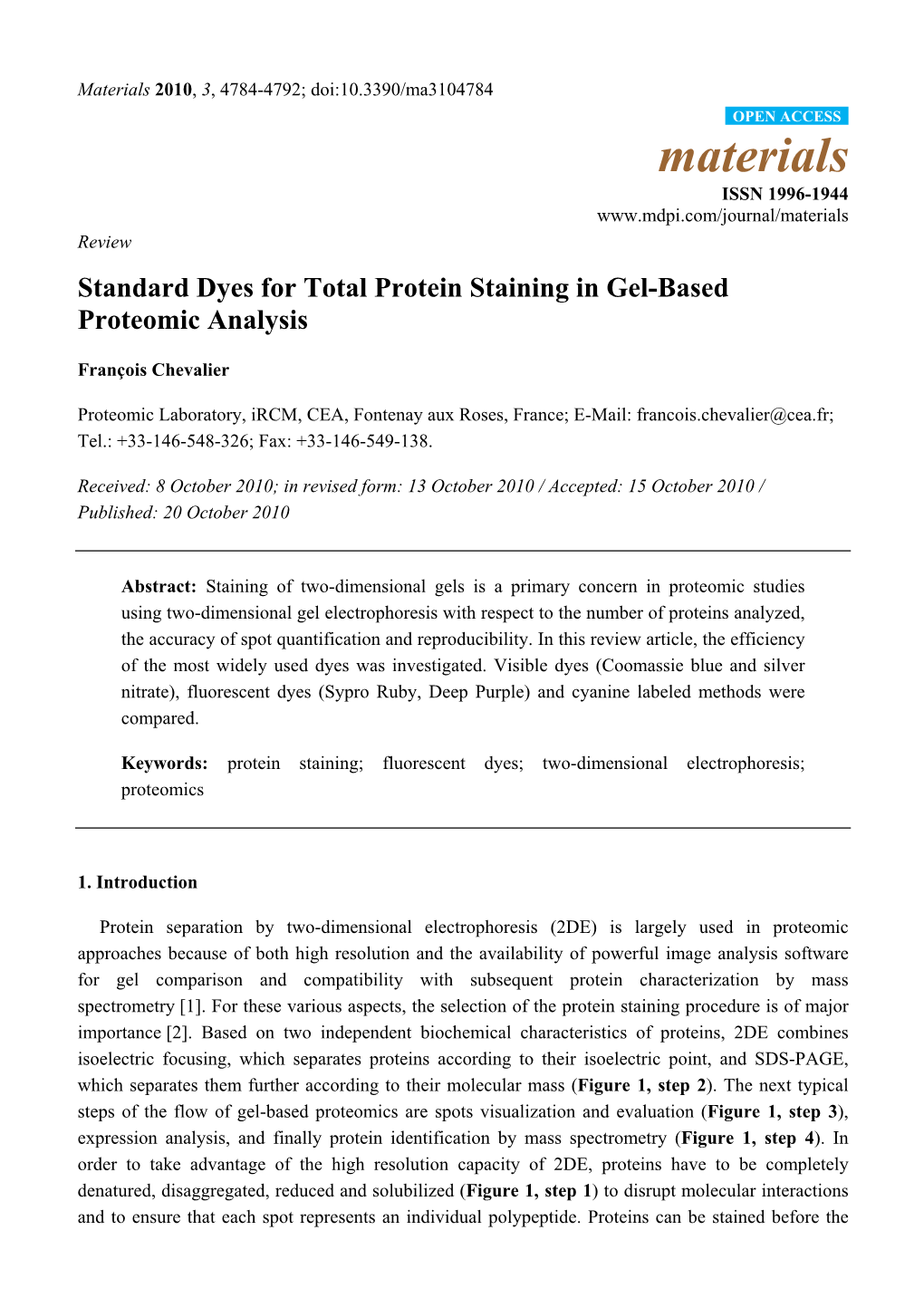 Standard Dyes for Total Protein Staining in Gel-Based Proteomic Analysis