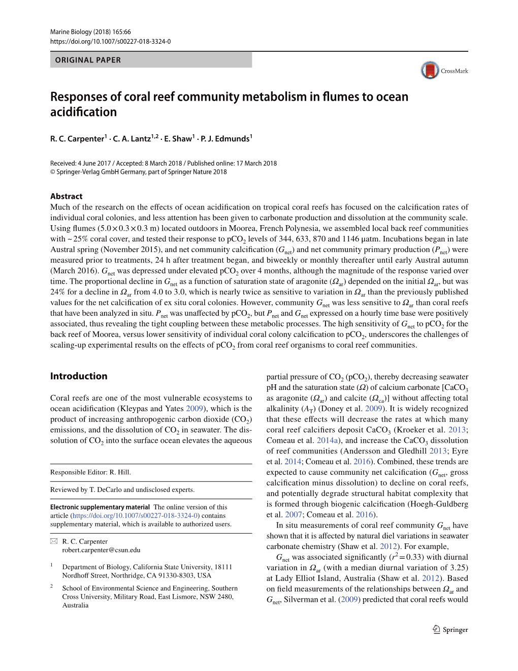 Responses of Coral Reef Community Metabolism in Flumes to Ocean Acidification