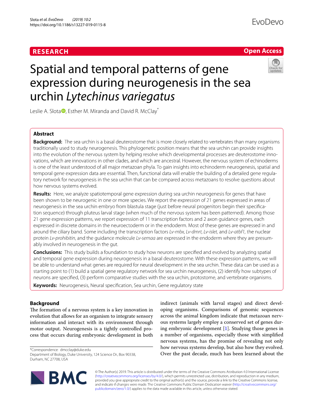 Spatial and Temporal Patterns of Gene Expression During Neurogenesis in the Sea Urchin Lytechinus Variegatus Leslie A
