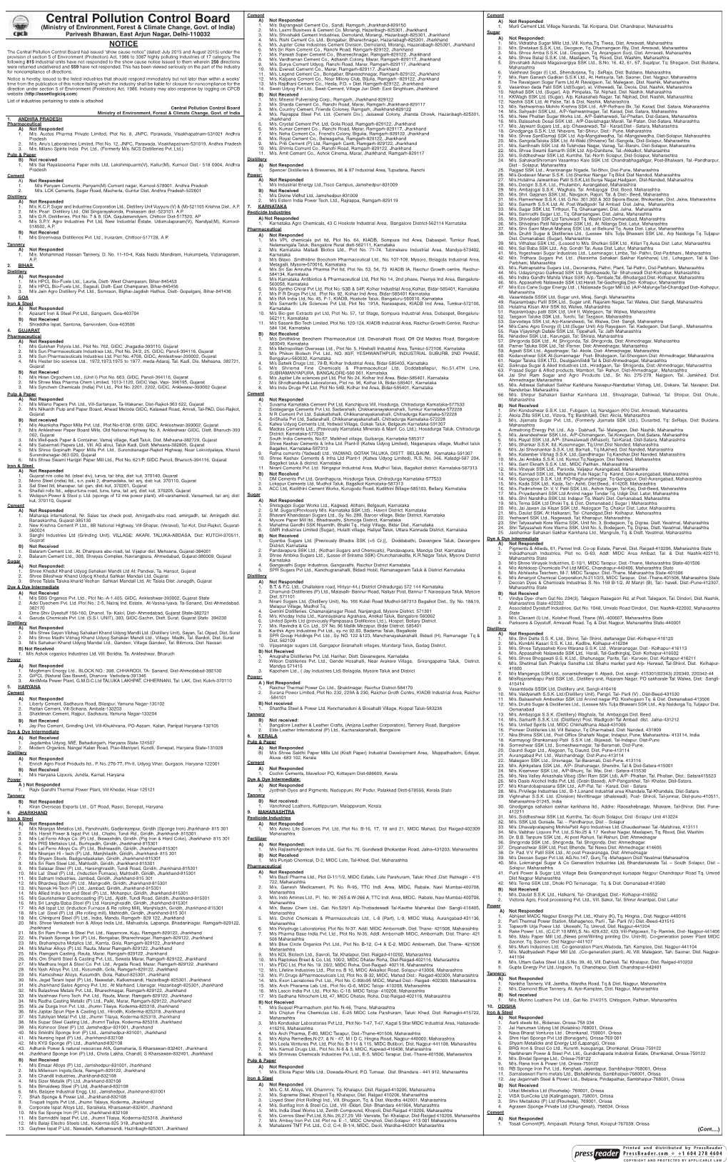 Central Pollution Control Board A) Not Responded A) Not Responded (Ministry of Environment, Forest & Climate Change, Govt
