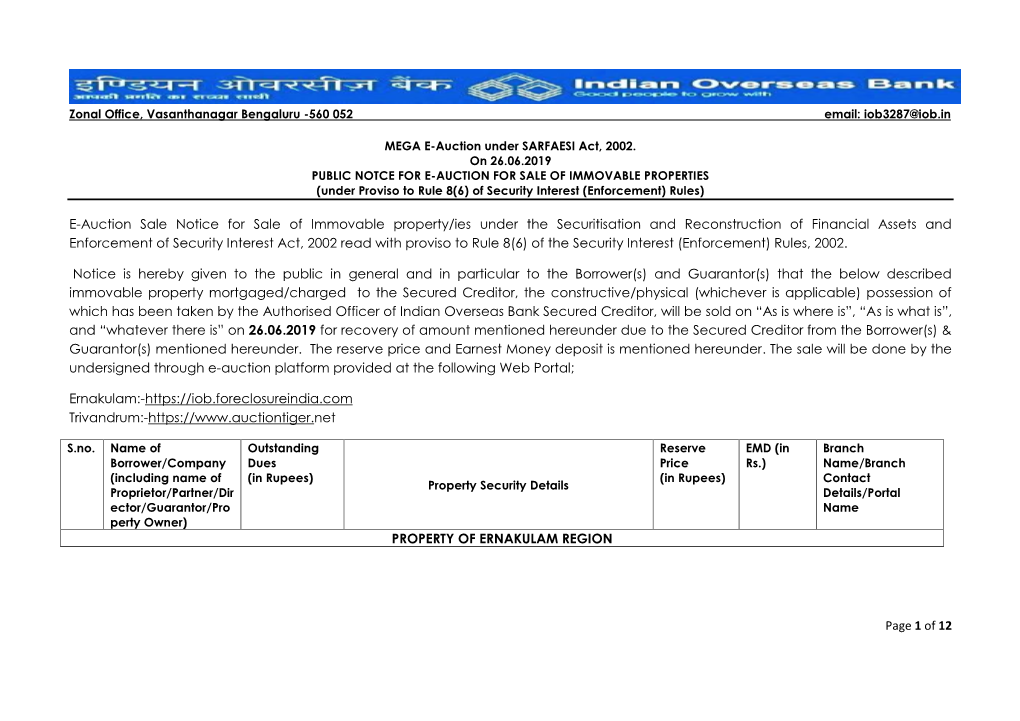 Of 12 E-Auction Sale Notice for Sale of Immovable Property/Ies Under