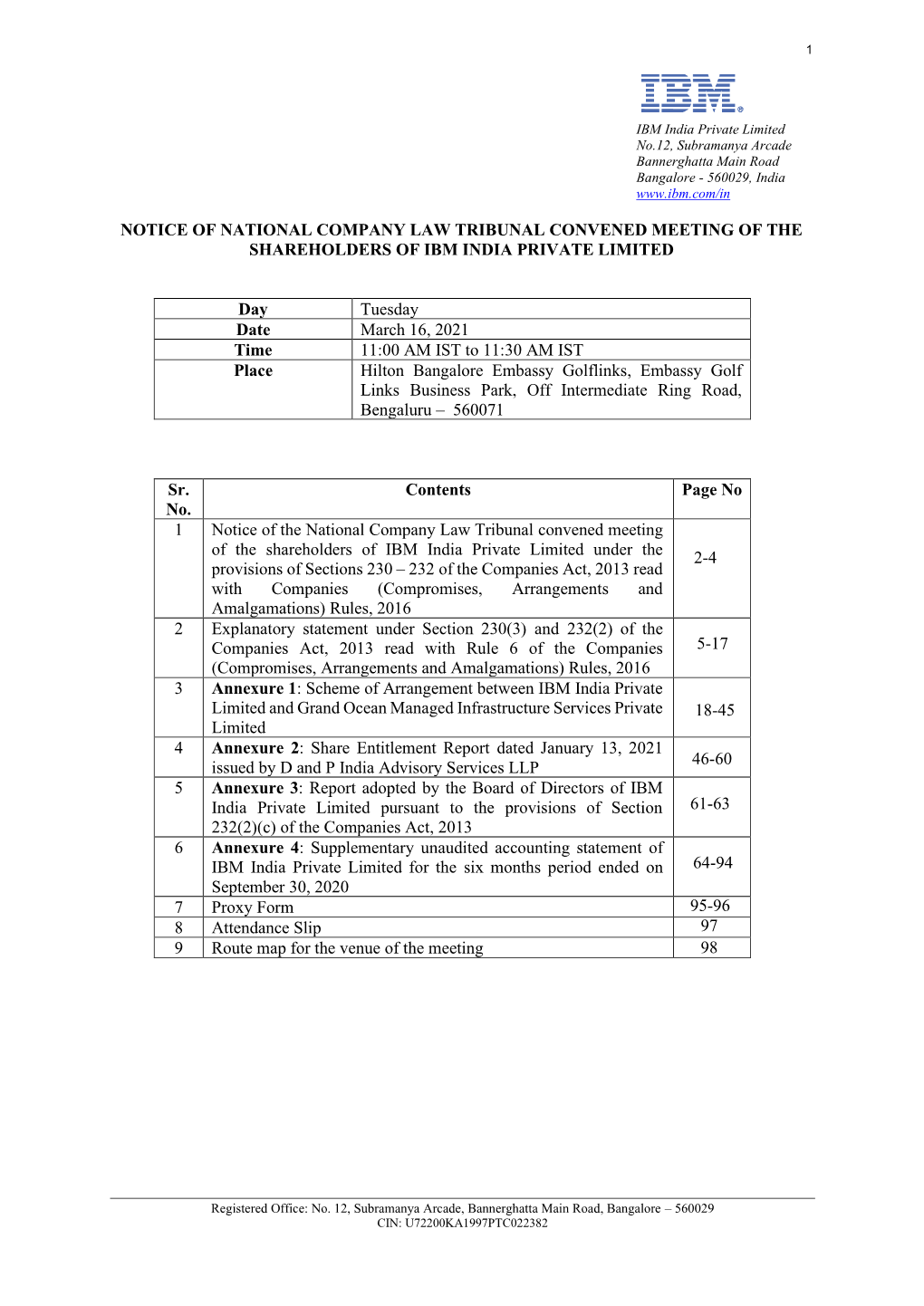 NOTICE of NATIONAL COMPANY LAW TRIBUNAL CONVENED MEETING of the SHAREHOLDERS of IBM INDIA PRIVATE LIMITED Day Tuesday Date March