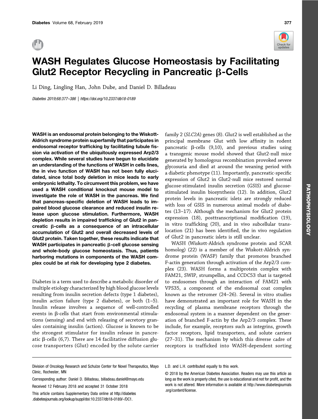 WASH Regulates Glucose Homeostasis by Facilitating Glut2 Receptor Recycling in Pancreatic B-Cells