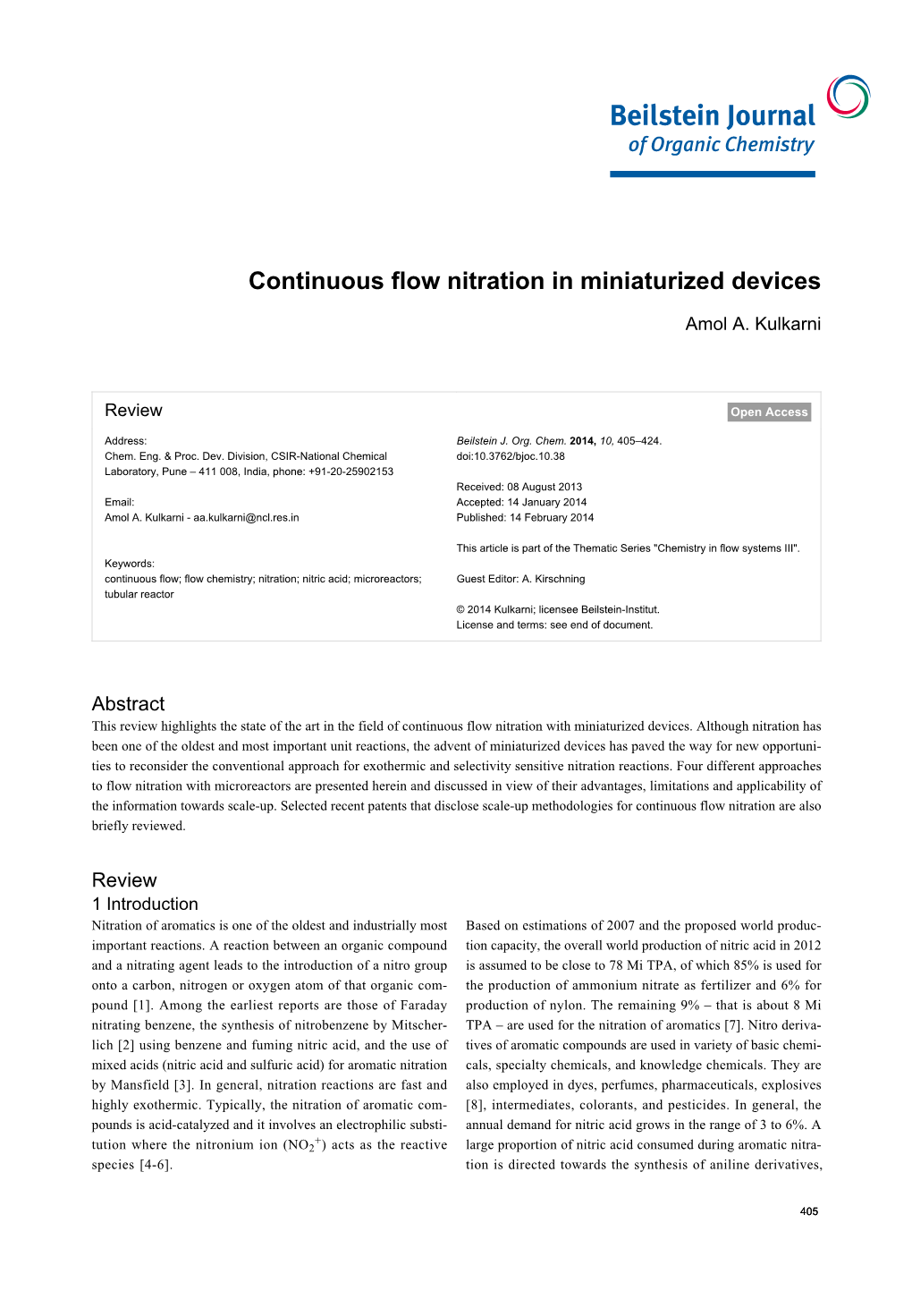 Continuous Flow Nitration in Miniaturized Devices