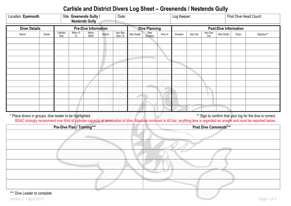 Dive Assessment & Log Sheet