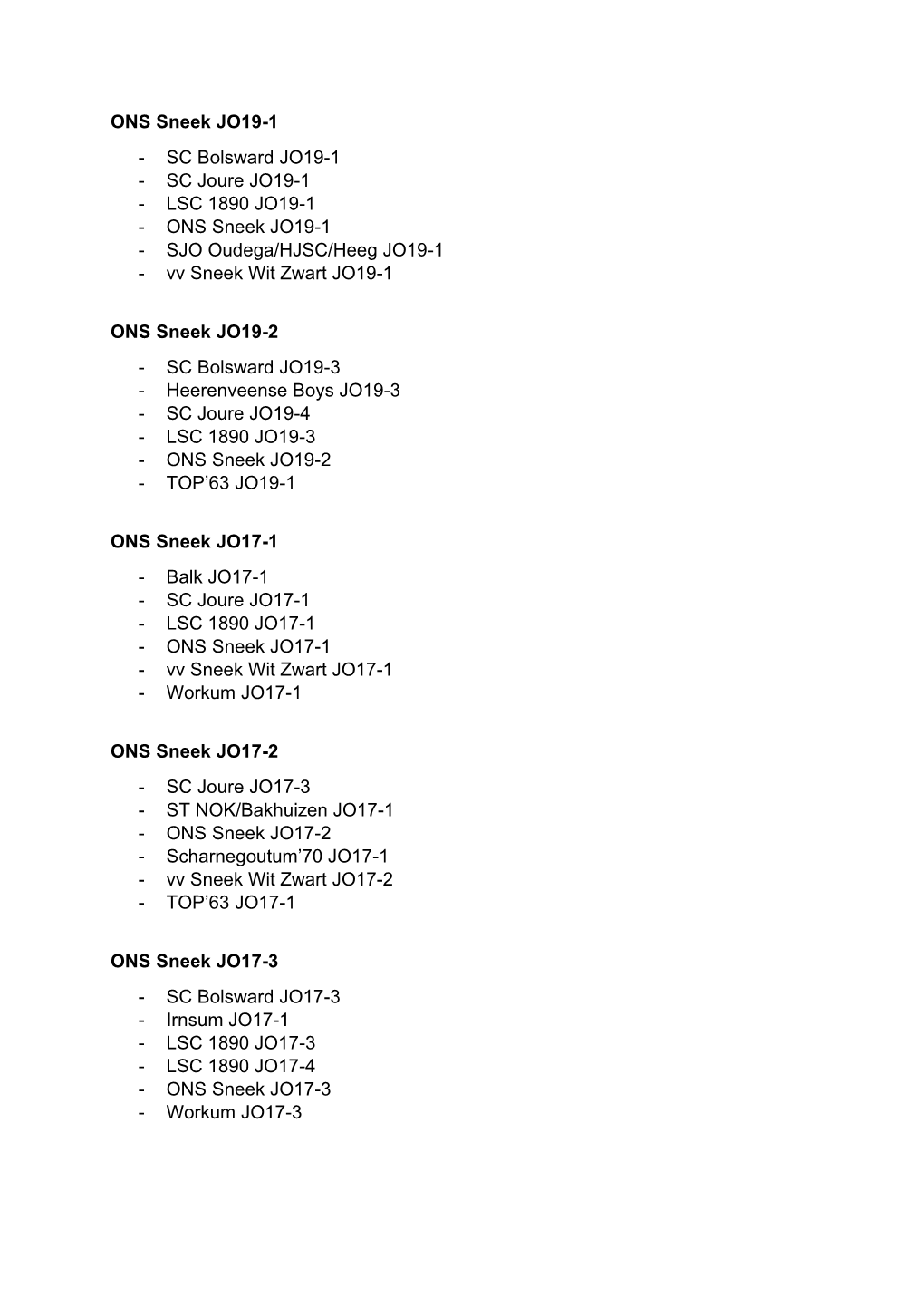 ONS Sneek JO19-1 - SC Bolsward JO19-1 - SC Joure JO19-1 - LSC 1890 JO19-1 - ONS Sneek JO19-1 - SJO Oudega/HJSC/Heeg JO19-1 - Vv Sneek Wit Zwart JO19-1