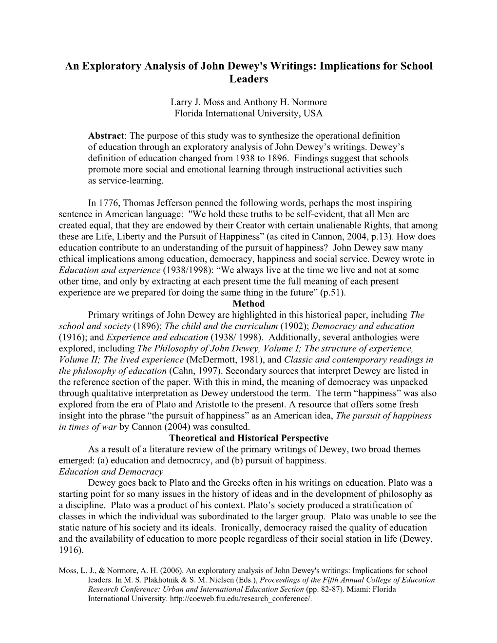 An Exploratory Analysis of John Dewey's Writings: Implications for School Leaders