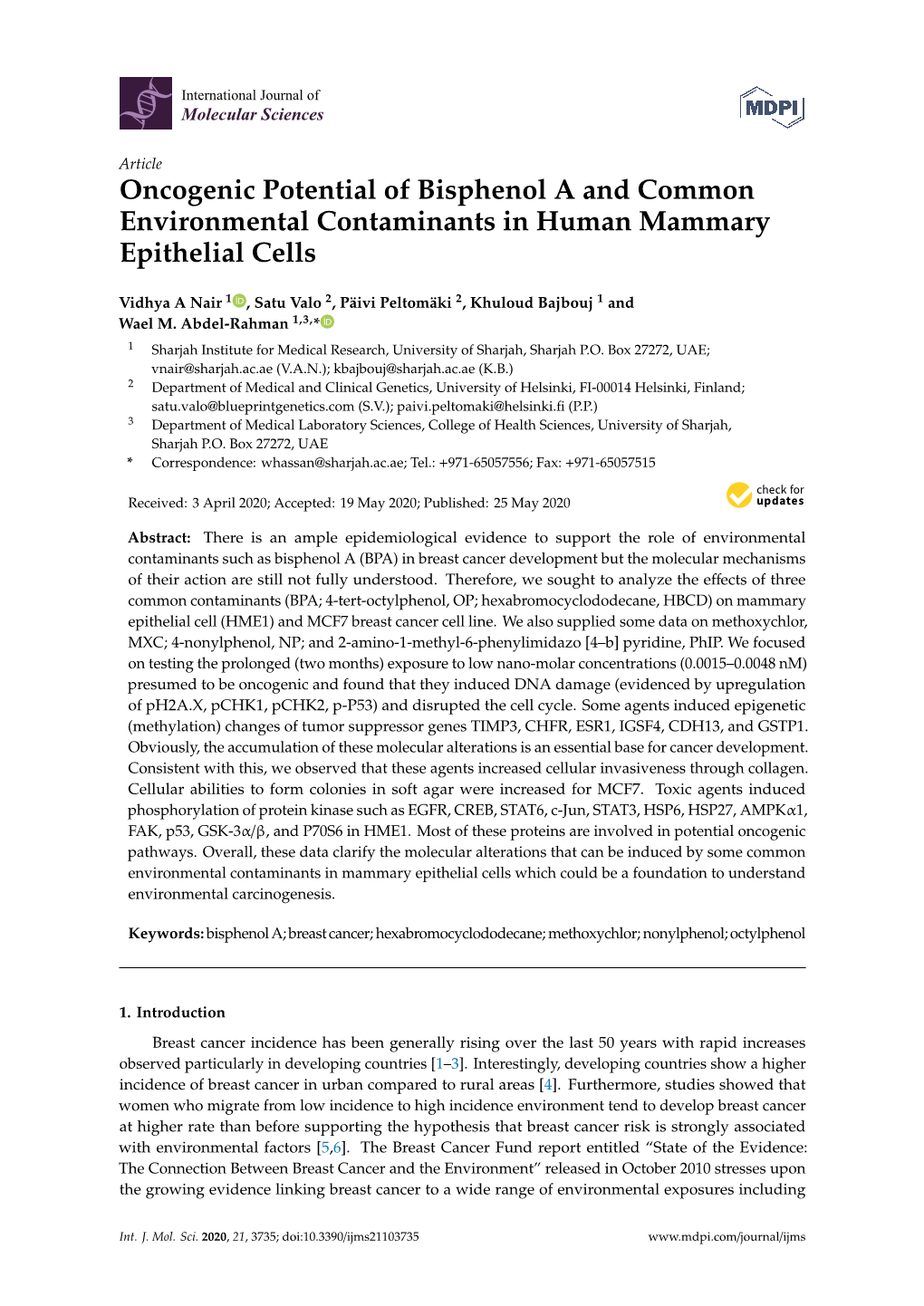 Oncogenic Potential of Bisphenol a and Common Environmental Contaminants in Human Mammary Epithelial Cells