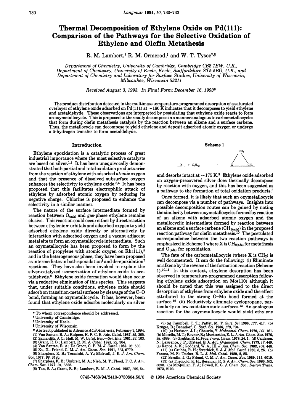 Thermal Decomposition of Ethylene Oxide on Pd( 111): Comparison of the Pathways for the Selective Oxidation of Ethylene and Olefin Metathesis R