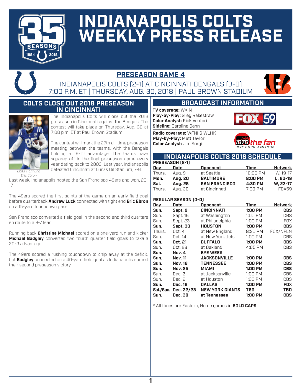 Indianapolis Colts Weekly Press Release