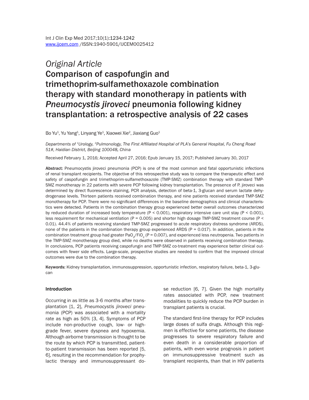 Pneumocystis Jiroveci Pneumonia Following Kidney Transplantation: a Retrospective Analysis of 22 Cases