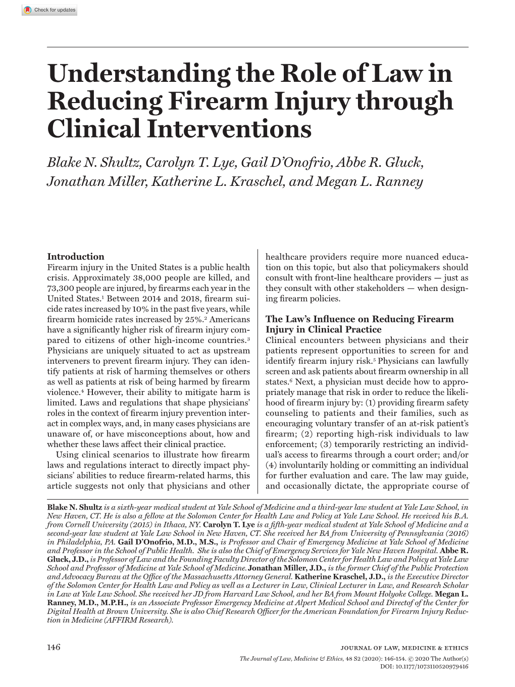 Understanding the Role of Law in Reducing Firearm Injury Through Clinical Interventions Blake N