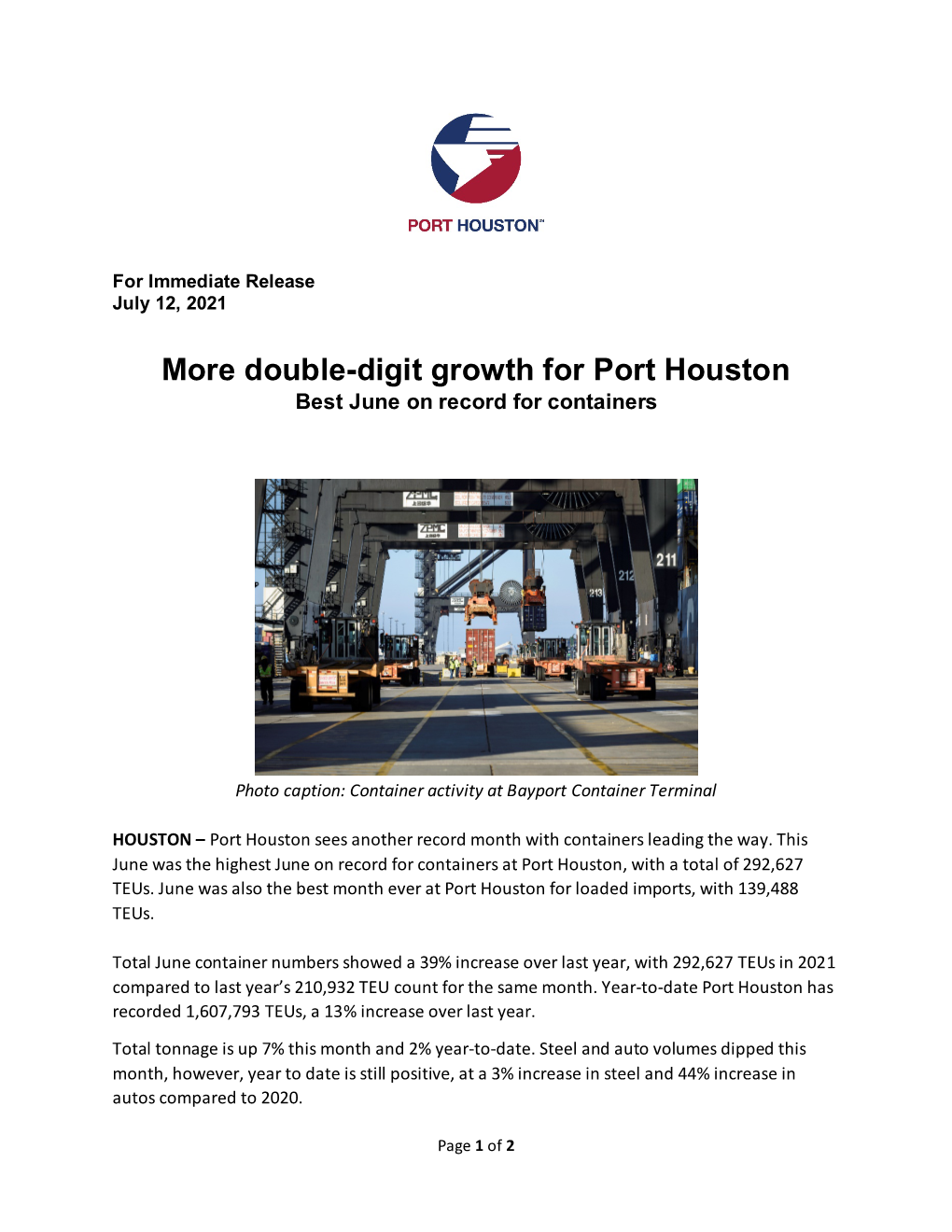 July 12, 2021 – More Double-Digit Growth for Port