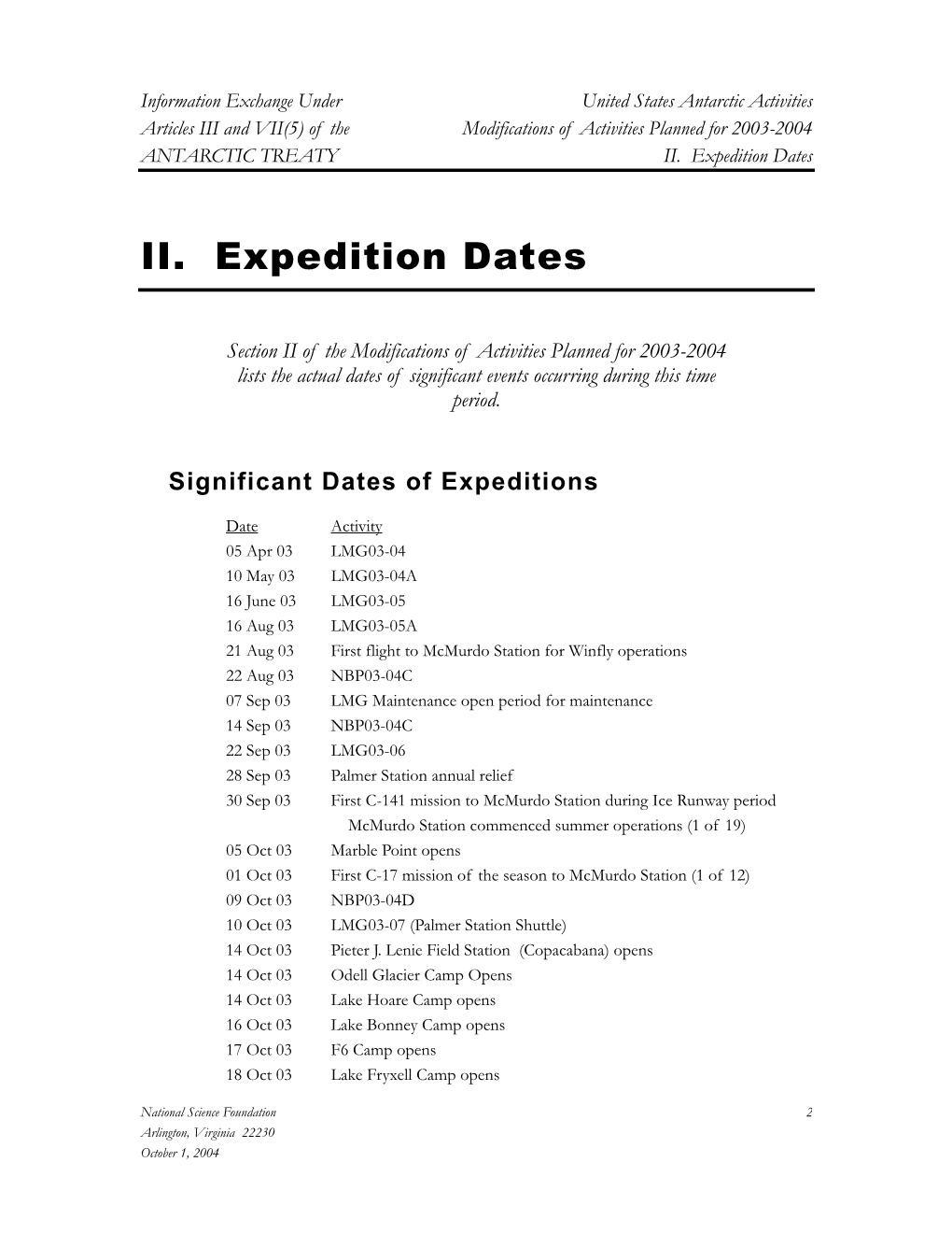 II. Expedition Dates