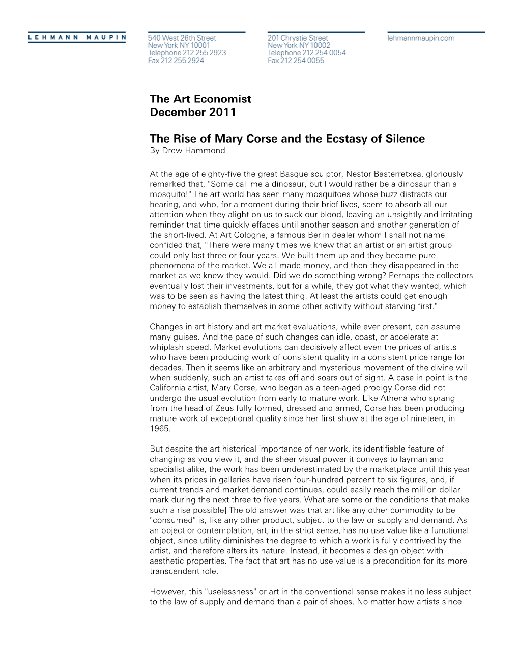 The Art Economist December 2011 the Rise of Mary Corse and The