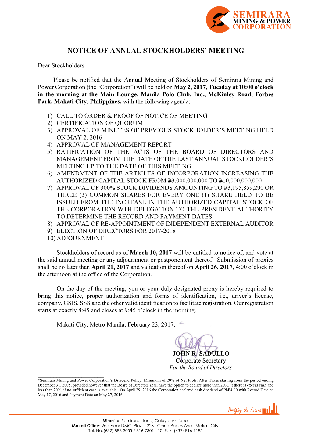 Notice of Annual Stockholders' Meeting