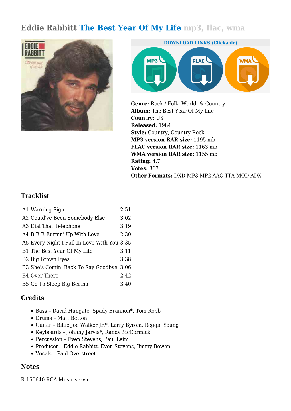 Eddie Rabbitt the Best Year of My Life Mp3, Flac, Wma