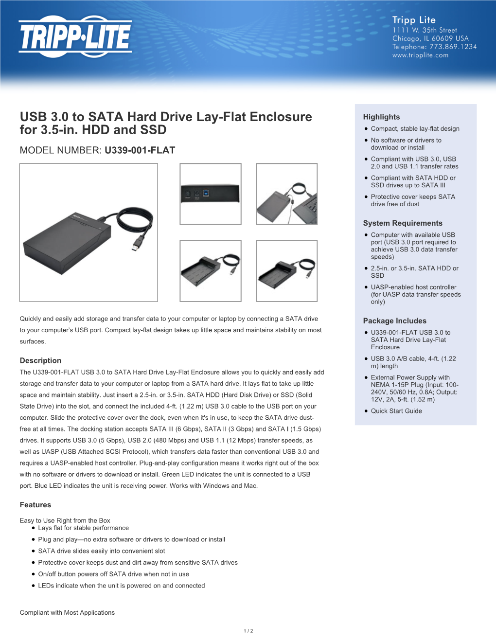 USB 3.0 to SATA Hard Drive Lay-Flat Enclosure for 3.5-In. HDD And