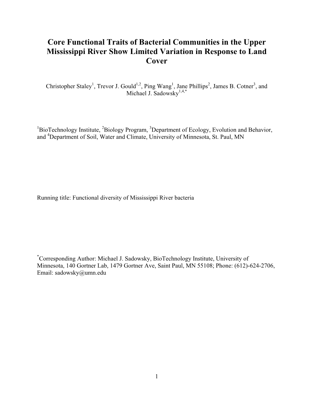 Core Functional Traits of Bacterial Communities in the Upper Mississippi River Show Limited Variation in Response to Land Cover