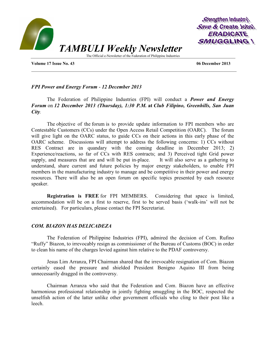 TAMBULI Weekly Newsletter the Official E-Newsletter of the Federation of Philippine Industries