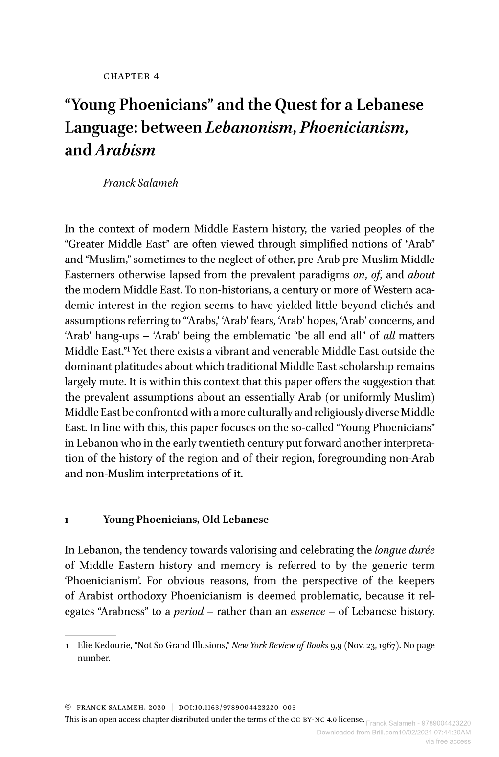Young Phoenicians” and the Quest for a Lebanese Language: Between Lebanonism, Phoenicianism, and Arabism