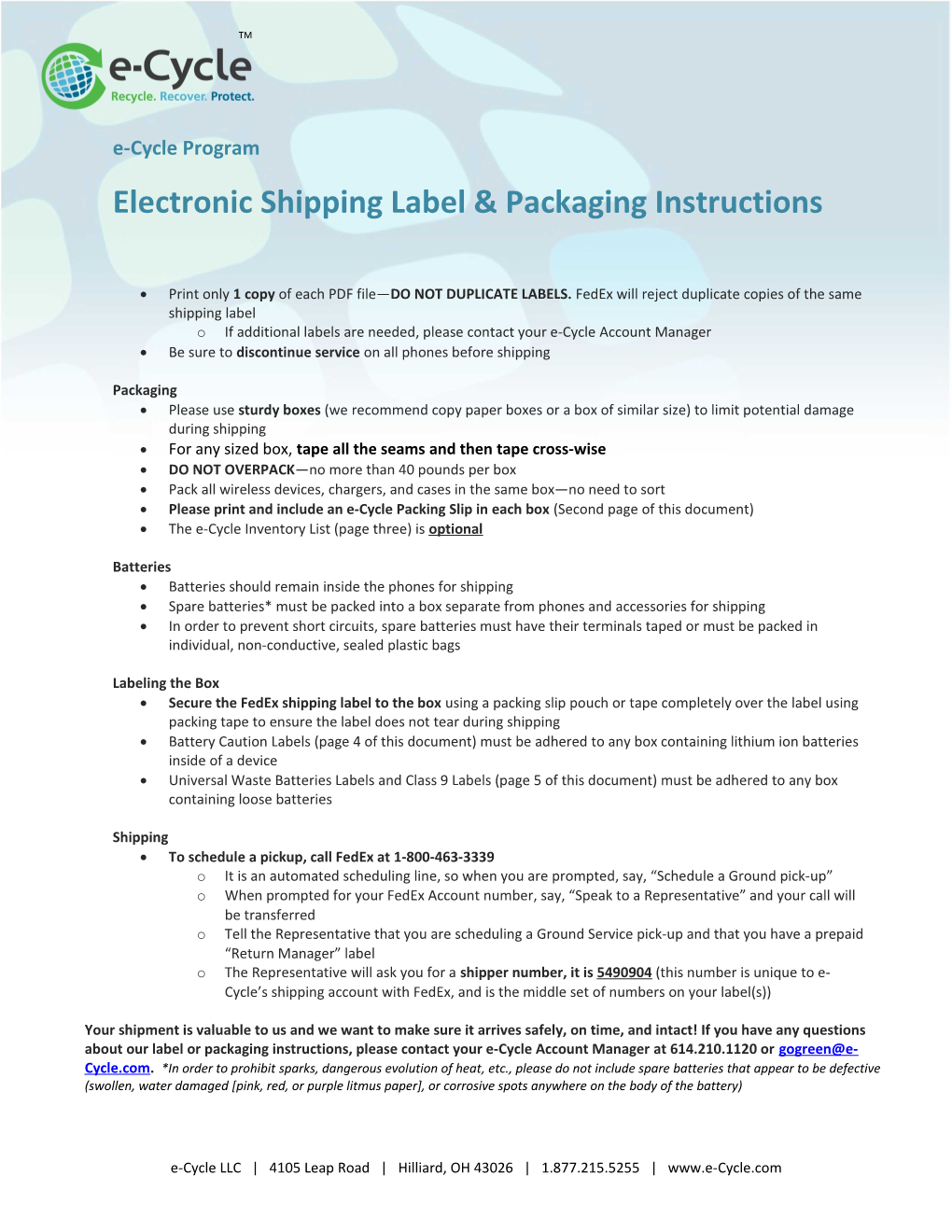 Electronic Shipping Label & Packaging Instructions