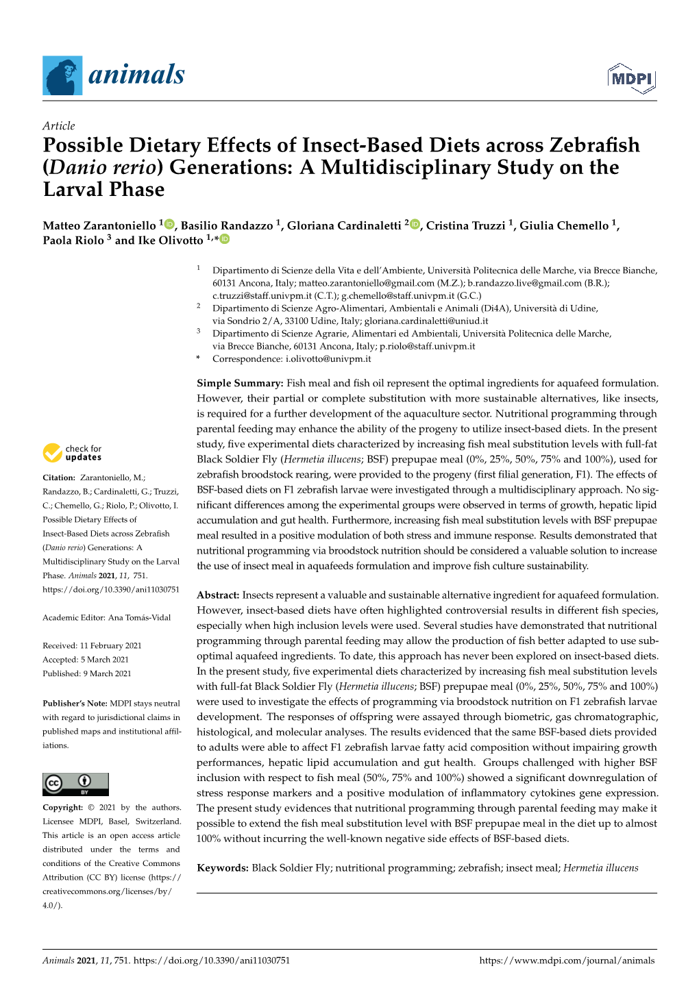 Possible Dietary Effects of Insect-Based Diets Across Zebrafish