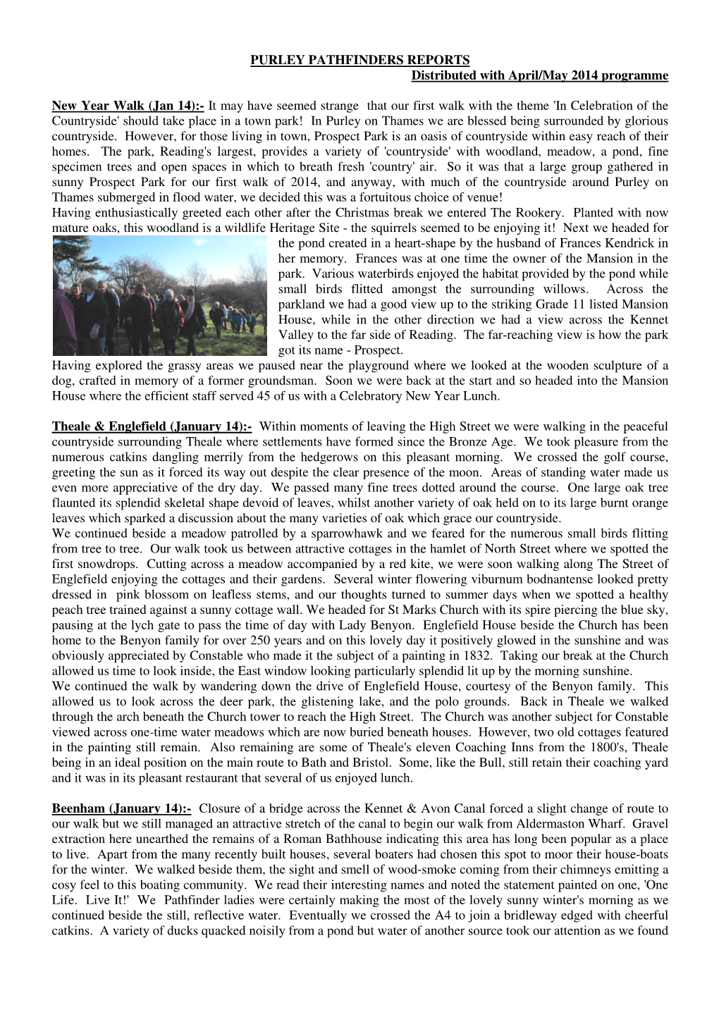 PURLEY PATHFINDERS REPORTS Distributed with April/May 2014 Programme New Year Walk (Jan 14):- It May Have Seemed Strange That O