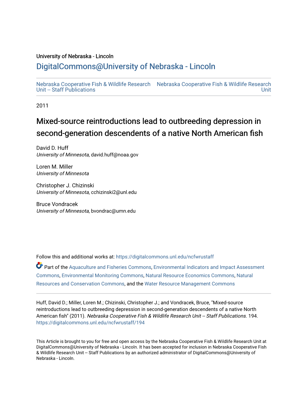 Mixed-Source Reintroductions Lead to Outbreeding Depression in Second-Generation Descendents of a Native North American Fish