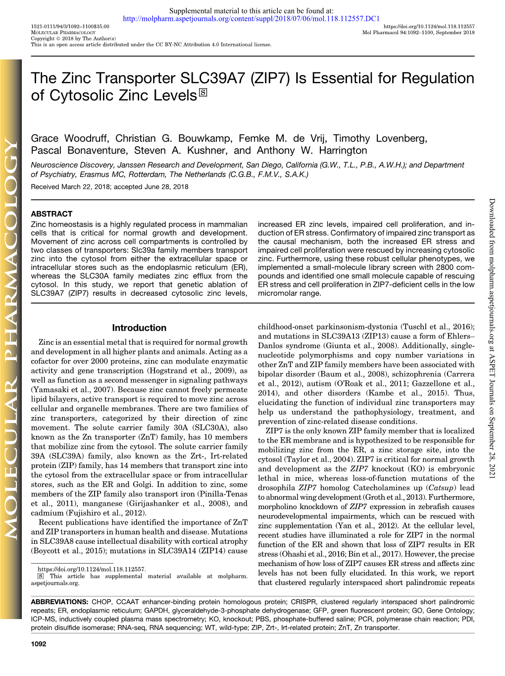 (ZIP7) Is Essential for Regulation of Cytosolic Zinc Levels S