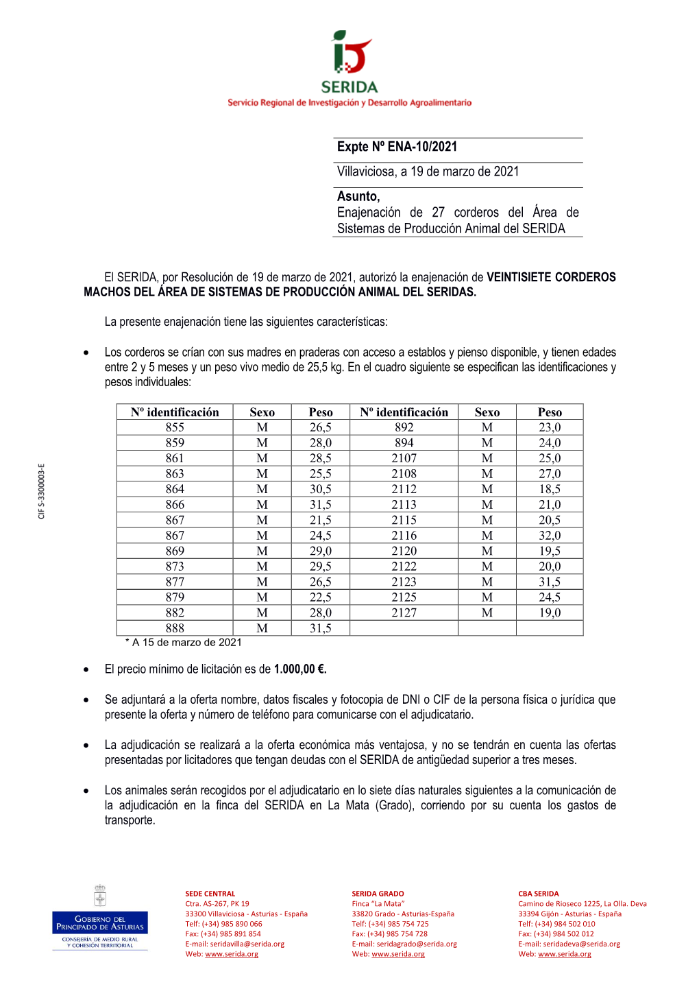 Expte Nº ENA-10/2021 Villaviciosa, a 19 De Marzo De 2021 Asunto, Enajenación De 27 Corderos Del Área De Sistemas De Producción Animal Del SERIDA