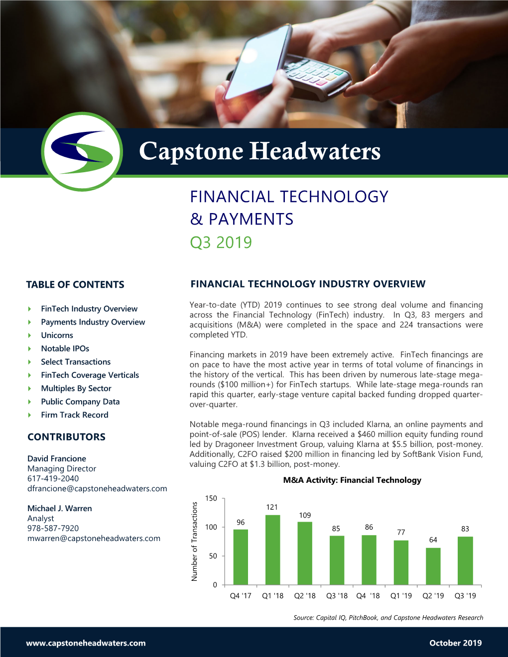 Capstone Headwaters Fintech & Payments M&A Coverage Report Q3 2019